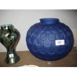 Blue glass bulbous form vase together with another green and gilt waisted glass vase