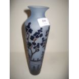 Canal Murano enamel decorated blue frosted glass vase decorated with a wooded landscape