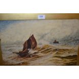 19th Century oil on millboard, maritime scene with two figures in a sailing boat and distant ship,