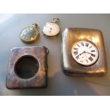 Two silver mounted pocket watch holders and three various pocket watches