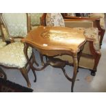 Edwardian mahogany and marquetry inlaid two tier occasional table on cabriole supports