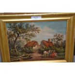 Antique oil on panel, rural landscape with figures by a haystack, 7ins x 10.5ins