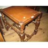 Beechwood stool on barley twist supports, a floral decorated poker work occasional table and a