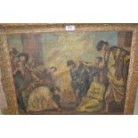 M. Shawyer, signed oil on board, figures gathered in a landscape, 17.5ins x 21ins