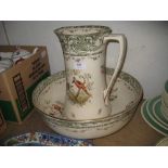 Large Royal Doulton jug and basin decorated with floral swags and Asiatic pheasants (jug restored)