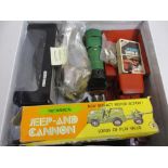 Small box containing a quantity of various toys including: a tin plate pick-up truck by Triang,