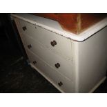 Victorian white painted pine three drawer chest with knob handles and bun feet