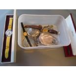 Box containing a quantity of miscellaneous silver jewellery, fob chain, three silver compacts,