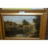 19th Century oil on canvas, dwellings by a river and figure on a stone bridge, signed Ryder, 7.5ins