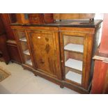 Victorian walnut and inlaid breakfront side cabinet with a central panelled door flanked by glazed