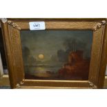 19th Century oil on millboard, moonlit estuary scene with boatman by a look out tower, 6ins x