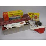 Hornby model IV clockwork speed boat in original box, small model pond yacht, tin plate toy tank, a
