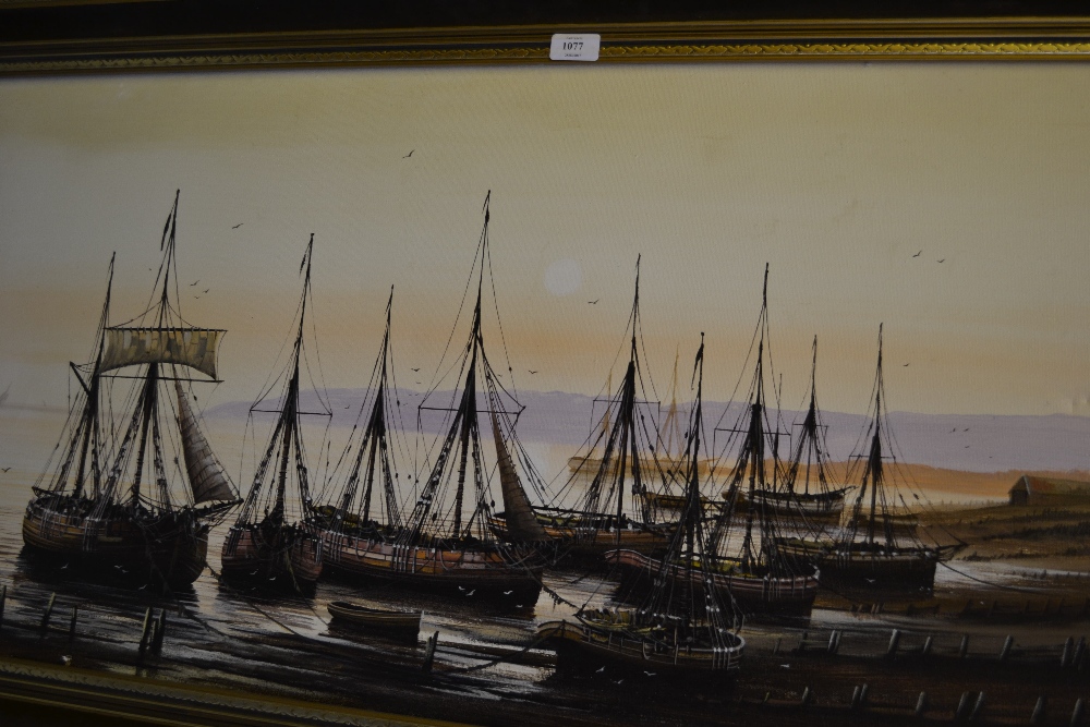 Kevin Platt, oil on canvas, coastal scene with moored sailing barges, 20ins x 40ins, gilt framed