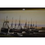 Kevin Platt, oil on canvas, coastal scene with moored sailing barges, 20ins x 40ins, gilt framed