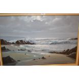 Peter Cosslett, oil on canvas, moonlit coastal scene with waves breaking on a rocky shore, signed,