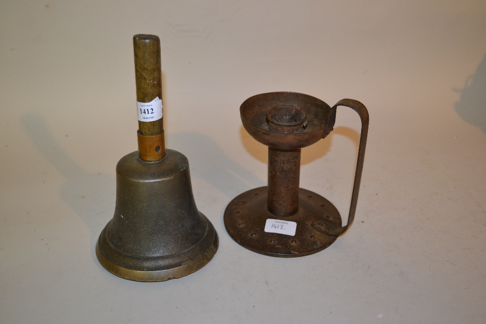 20th Century wooden handled school bell and a metal candlestick