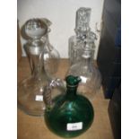 Bristol green glass decanter (a/f), pair of 20th Century cut glass decanters and two other