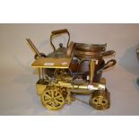Brass model of a traction engine, copper post horn and a quantity of other metalware