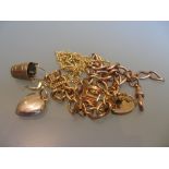 9ct Gold charm bracelet, 9ct gold bracelet (a/f) and other small 9ct gold charms, chain section etc