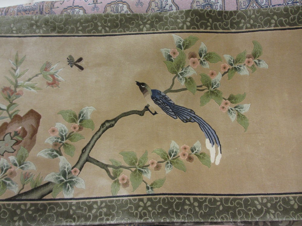 Near pair of modern Chinese silk rugs with floral and bird designs with beige ground with borders, - Image 2 of 2