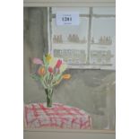 Barbara Dorf, signed watercolour, vase of flowers by a window, together with five various unframed