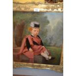 Oil painting, possibly on print base, portrait of a child in Highland costume, seated in a garden,