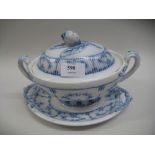 19th Century Furnivals, Denmark pattern blue and white two handled tureen and cover on stand