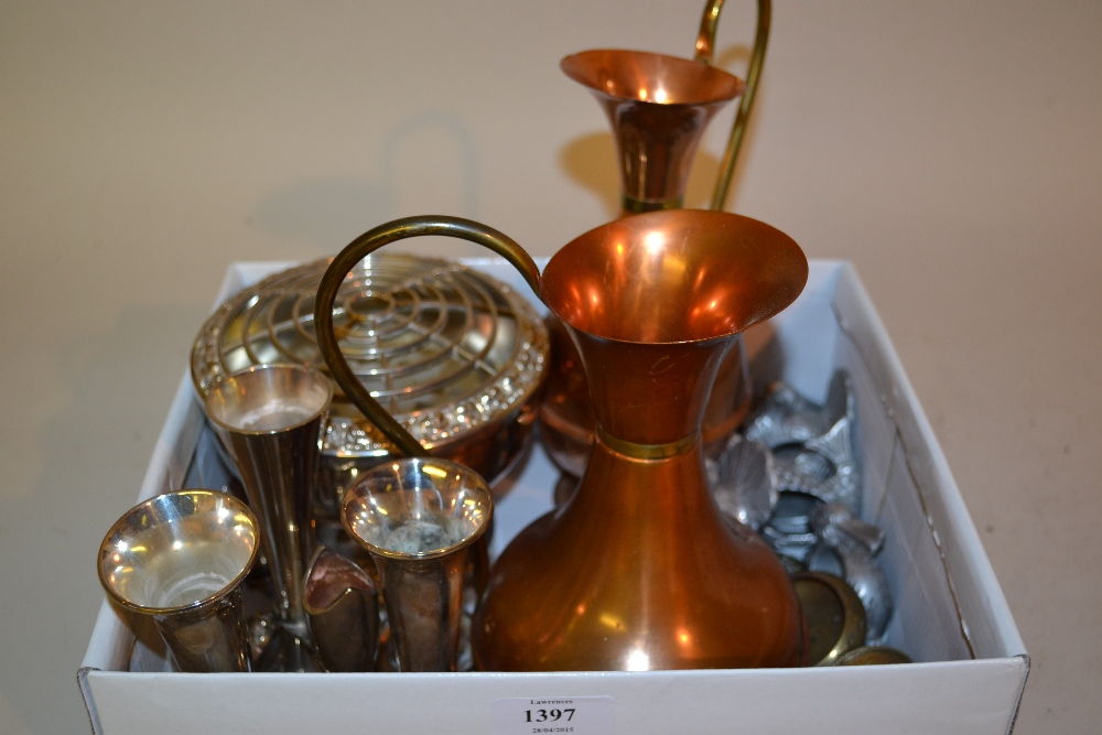 Small quantity of Viners silver plated items, two copper jugs and a set of cast metal napkin