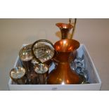 Small quantity of Viners silver plated items, two copper jugs and a set of cast metal napkin