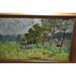 Attributed to Clifford Hanney, oil on panel, landscape with wild flowers by trees, stamped verso,