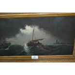 19th Century oil on canvas, moonlit maritime scene with shipping and figures in a boat, 9.5ins x