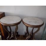 Pair of reproduction circular gilt patinated and simulated marble inset jardiniere stands