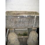Pair of rectangular cast concrete garden planters relief moulded with cherubs