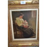 Norman M. MacDougal, oil on board, a mother seated nursing a baby in an interior, signed, 10.5ins x