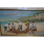 Two small oils, beach scene with fishermen tending nets, signed Vito and flowers in a vase, signed