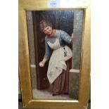 19th Century oil on panel, portrait of a young lady by a doorway, 13ins x 7ins