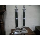 Pair of silver plated and green marble Corinthian column table lamp bases