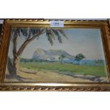 Mary Cowie, oil on panel, view of Gibraltar, signed and inscribed on exhibition label verso, 7ins x