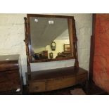 George III mahogany rectangular swing frame toilet mirror with three drawer bow fronted box base