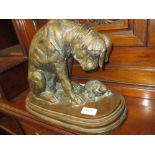 Modern brown patinated bronze group of a puppy and a tortoise