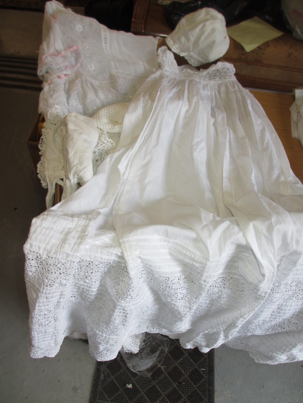 Box containing a quantity of various Christening gowns, bonnets and baby gowns etc