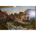 R. Caton Woodville, signed oil on canvas, cavalry men routing farm buildings, 15ins x 23ins