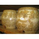 Pair of large 19th Century stoneware brandy barrels, relief moulded with vines by T. Smith and