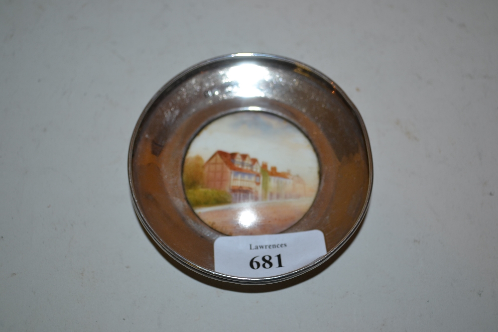 Small circular Birmingham silver mounted Royal Worcester trinket dish with painted street scene,
