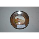 Small circular Birmingham silver mounted Royal Worcester trinket dish with painted street scene,