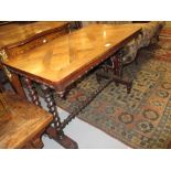 Victorian rosewood and satinwood rectangular stretcher table, the parquetry inlaid top above twin