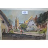 John Saskins, 20th Century mixed media, a village scene with figure and bicycle to the foreground,