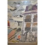 George Hooper, collage and watercolour, buildings, signed and dated 1968, 30ins x 22ins, framed