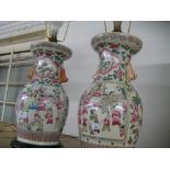 Pair of reproduction Chinese Canton style baluster form vases adapted for use as table lamps