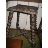 19th Century square carved oak stool raised on barley twist supports with turned stretchers